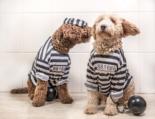 Bad dogs dressed as prisoner jail house rock clothes, Spanish Water Dog