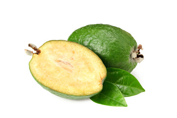 Tropical fruit feijoa with slices isolated on white background. Acca sellowiana