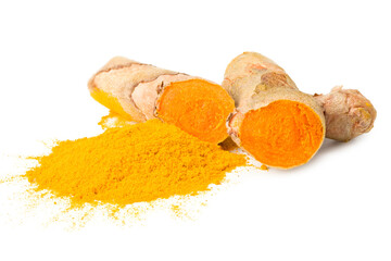 Turmeric root with turmeric slices isolated on white background