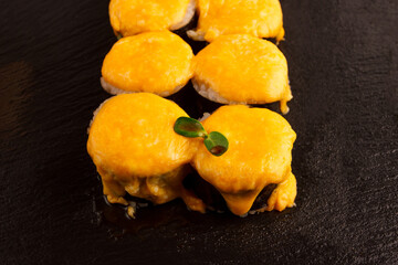 Japanese food: Set of salmon sushi and rolls with salmon and eel