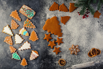 Various christmas gingerbread cookies on dark table with flour