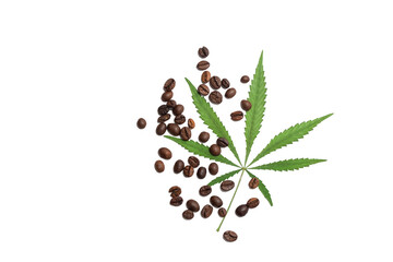 Top view of cannabis marijuana leaf with coffee beans isolated on white background