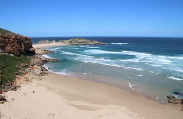 Rocks and beach in  Robberg Nature Reserve, a world heritage nature site. Near Plettenberg Bay, Garden Route, South Africa. Africa.