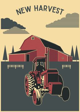 Red Barn, Tractor, Fence And Trees Classic Farm Drawing, Rural Illustration 