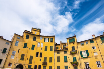 Amphitheater Square or Piazza dell'Anfiteatro in historic center of Lucca Town, Tuscany, Italy