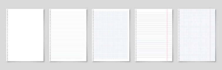 Realistic blank lined paper sheet with shadow in A4 format. Notebook or book page. Design template or mockup. Vector illustration.