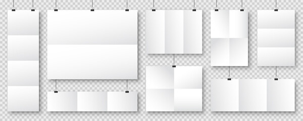 Realistic blank paper sheets hanging on binder clip. White vector poster with shadow in A4 format. Design template, mockup.