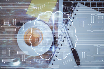 Multi exposure of brain sketch hologram over topview work table background with computer. Concept...