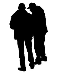 Two men are standing and talking. Isolated silhouettes on a white background