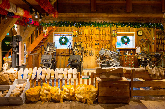 ZAANSE SCHANS, NETHERLANDS - DECEMBER 31, 2017:  Interior of the Wooden Shoe Workshop of klompen, traditional shues of Holland