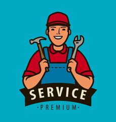 Service, repair logo. Builder with tools in hands vector illustration