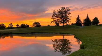 Fototapeta na wymiar beautiful sunrise on golf course tree reflection in pond