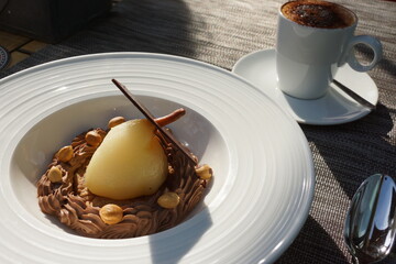 stewed pear chocolate and nuts dessert