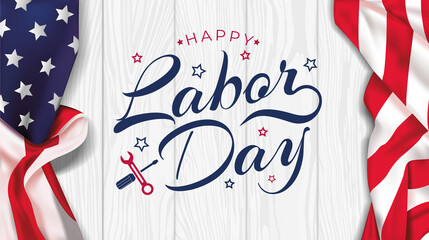Fototapeta na wymiar USA Labor Day greeting card with brush wood background in United States national flag colors and hand lettering text Happy Labor Day. Vector illustration.