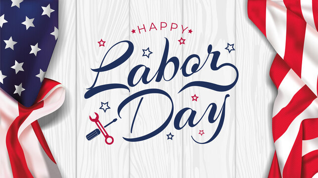 USA Labor Day greeting card with brush wood background in United States national flag colors and hand lettering text Happy Labor Day. Vector illustration.