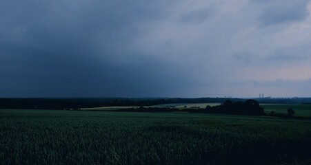Obraz premium Dramatic countryside landscape with thunderclouds in the sky over a wheat field