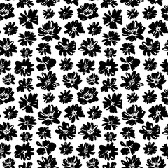Brush flower vector seamless pattern. Hand drawn botanical ink illustration with floral motif. Camomile or daisy painted by brush.