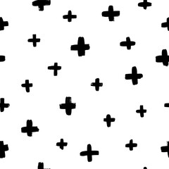Black crosses vector seamless pattern. Hand drawn cross and plus sign. Black paint brush strokes geometrical pattern