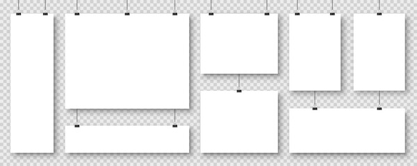 Realistic blank paper sheets hanging on binder clip. White vector poster with shadow in A4 format. Design template, mockup.