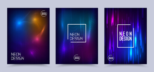 Colorful geometric neon background. Neon cover, poster set. Fluid gradient shapes composition. Futuristic design posters. Eps10 vector.