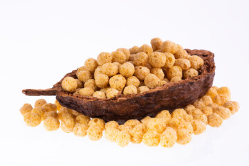 Organic quinoa pop seeds in the wooden bowl - Chenopodium quinoa.