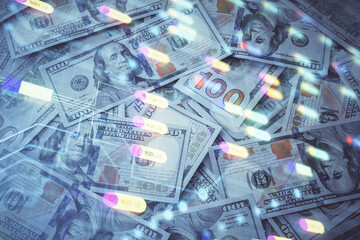 Double exposure of data theme drawing over us dollars bill background. Technology concept.