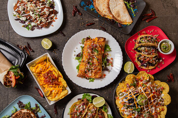 Variety of colorful dishes from typical Mexican cuisine. Top view