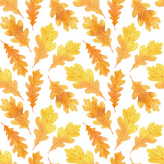 Watercolor seamless autumn pattern with golden oak leaves. White background