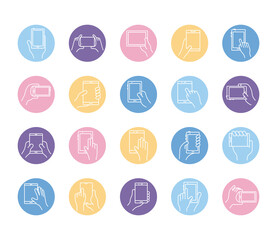 bundle of hands and smartphones set icons