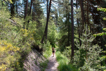 Chica deportista joven andando por un sendero en la montaña