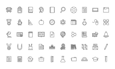 Fototapeta premium School line style icon set design, education class lesson knowledge preschooler study learning classroom and primary theme Vector illustration