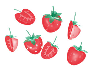 3d illustration of strawberries with leaves representing various situations. Semi-transparent fruits cut out on white background.
