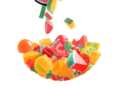3d illustration of pieces of fruit in fruit salad. Semi-transparent images with vivid colors, reds, yellows and greens. They fall into a circular shape simulating a large glass cup or boll.