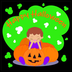 Black Halloween kids card with green elements. A child among many pumpkins, leaned on a jack lantern. Top orange text Happy Halloween. Flat vector illustration, layered.Each layer and group are named.