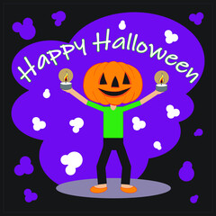 Black Halloween kids card with violet elements. A child in a suit of Jack Lantern with candles in his hands. Above is the white text Happy Halloween. Flat vector illustration, layered. 