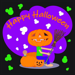 Black children's Halloween card with colorful elements. A child sits on pumpkins in a Jack Lantern costume with a broom in his hands. Top orange text Happy Halloween. Flat vector illustration, layered