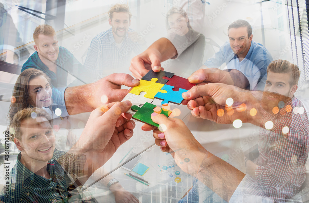 Poster teamwork of partners. concept of integration and startup with puzzle pieces