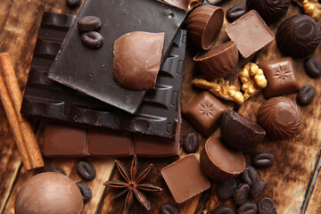 Dark and milk chocolate with nuts. Top view