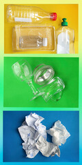 Various types of garbage on a color plain background. Concept of waste recycling.