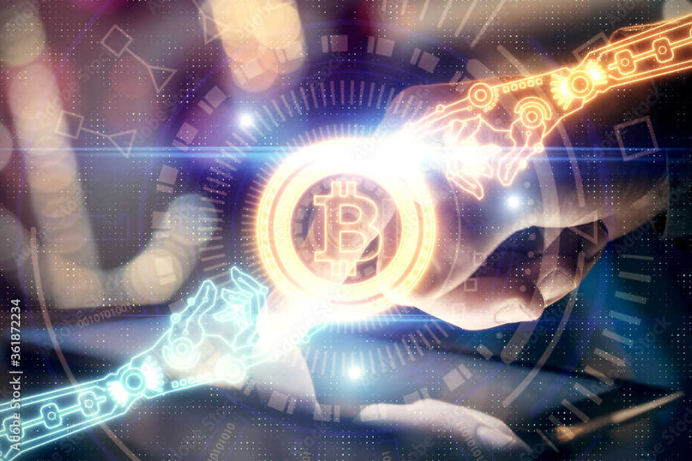 Poster double exposure of man's hands holding and using a phone and crypto currency blockchain theme drawin