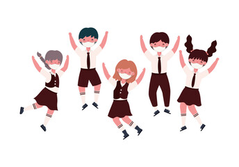 Boys and girls kids with uniforms medical masks jumping design, Back to school and social distancing theme Vector illustration