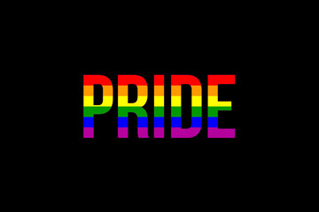 LGBT rainbow colored flag on word Pride with black background. Symbol of gay pride. Sticker, print, logo typography design.