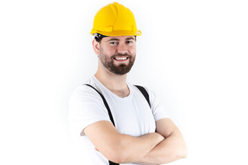 Attractive young construction worker with yellow helmet. young male technician smiling. engineering...