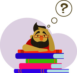 An illustration of a bearded man with glasses sitting on books. A man preparing for exams.
