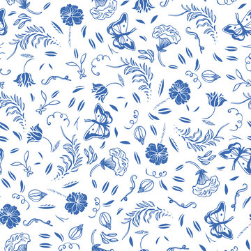 Vector delft blue royal hand drawn elegant floral seamless pattern with lline art and cutout florals on white background. Nature background. Surface pattern design.
