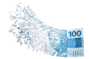 100 reais banknote evaporating in the air, money losing value, financial crisis and devaluation of...