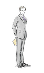 isolated drawing of a student boy wearing gray suit in the retro style of 1960s or 1950s  and holding a folder behind his back