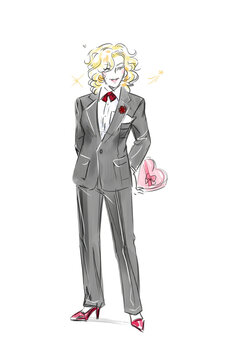 Isolated  Cartoon Drawing Of A Business Woman  In Love Winking And Holding A Heartshaped Box Of Chocolates Behind Her Back 