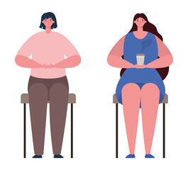 women avatars sitting in chairs with coffee mug design, Woman girl female person and people theme Vector illustration