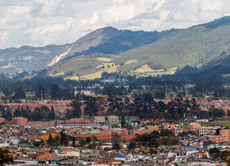 Fototapeta na wymiar Areal view of the main square in Zipaquira. The town is primarily known for its Salt Cathedral, an underground church built inside a salt deposit in a tunnel.